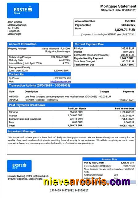 Montenegro Erste Bank AD Podgorica mortgage statement Word and PDF template